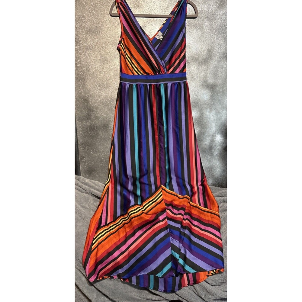 Worthington Maxi Dress Rainbow Striped Vneck Side Zip Size 6  NWT